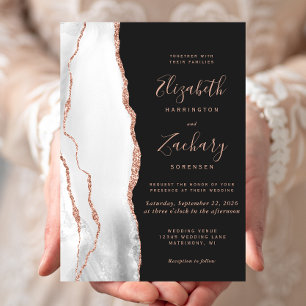 Modern Grey Rose Gold Agate Slate Black Wedding Invitation