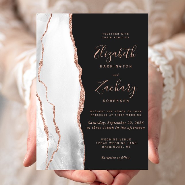 Modern Grey Rose Gold Agate Slate Black Wedding Invitation (Creator Uploaded)