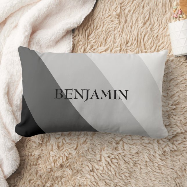 Modern Grey Scale Stripes Monogram Lumbar Pillow (Blanket)