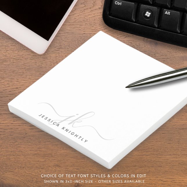 Modern Grey Script Monogram Initials Post-it Notes (Creator Uploaded)