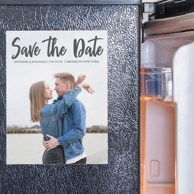 Modern Grey Script Save the Date Photo Magnet Card (Creator Uploaded)