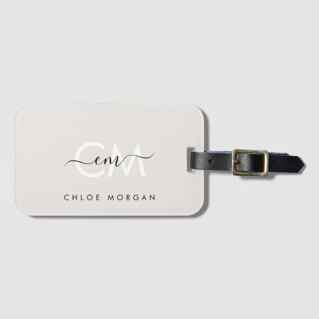 Modern grey script signature monogram luggage tag (Front Horizontal)