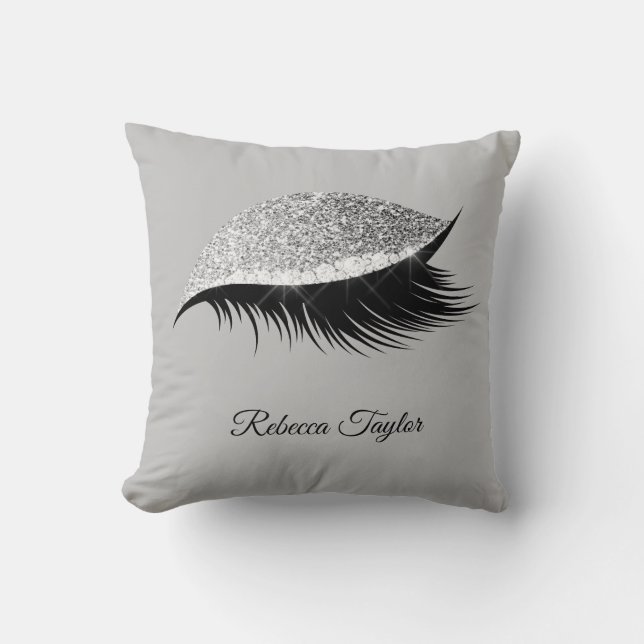 Modern Grey Silver Eyelash Script Throw Pillow (Front)