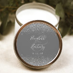Modern Grey Silver Glitter Edge Wedding Classic Round Sticker<br><div class="desc">This elegant modern wedding sticker features a faux silver glitter design on the top and bottom edge. Easily customize the silver grey text on a medium grey background,  with the names of the bride and groom in handwriting calligraphy over a large ampersand.</div>