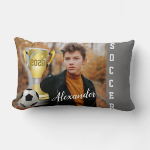 Modern Grey Soccer Sports Photo & Name for him Lumbar Pillow