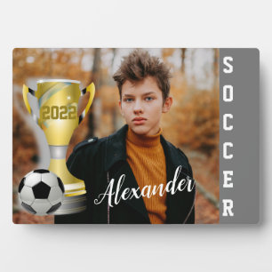 Modern Grey Soccer Sports Photo & Name for him Plaque