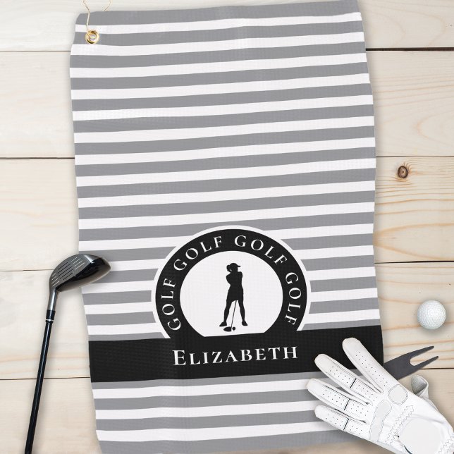 Modern Grey Stripe Female Golfer Monogram Golf Towel (Golfer Name Female Silhouette Gray Black Monogram Golf Towel)