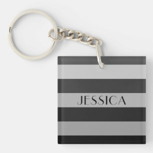 Modern Grey Striped Name Keychain