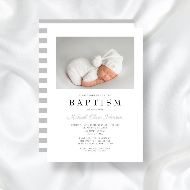 Modern Grey Stripes Boy Baptism Photo Invitation (Modern Gray Stripes Boy Baptism Photo Invitation)