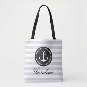 Modern  Grey Stripes Nautical Anchor Tote Bag