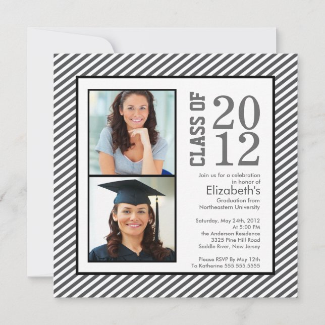 Modern Grey Stripes Photo Graduation Invitation (Front)
