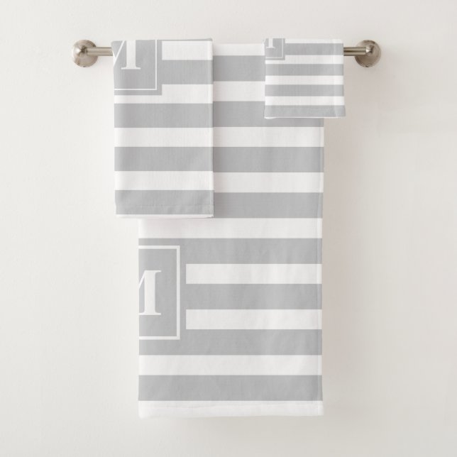 Modern Grey Stripes with Monogram Bath Towel Set (Insitu)