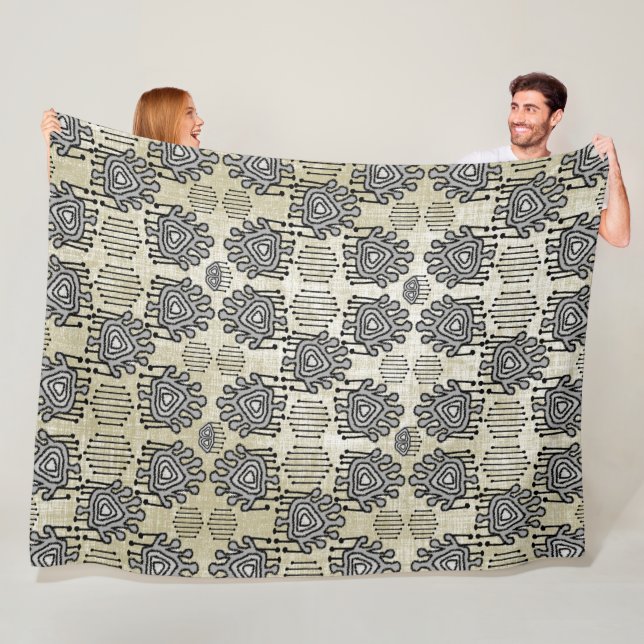 Modern Grey Tan Retro Tribal Dots iKat Pattern Fleece Blanket (In Situ)