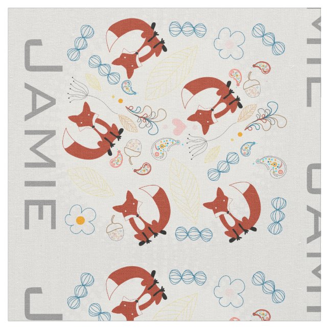 Modern Grey Teal Orange Personalized Fox Pattern Fabric (Close Up)