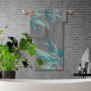 Modern Grey Teal Palm Leaves Beach Bathroom Bath Towel Set