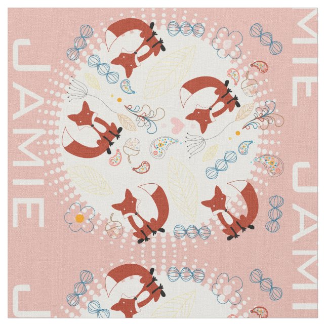 Modern Grey Teal Pink Personalized Fox Pattern Fabric (Close Up)