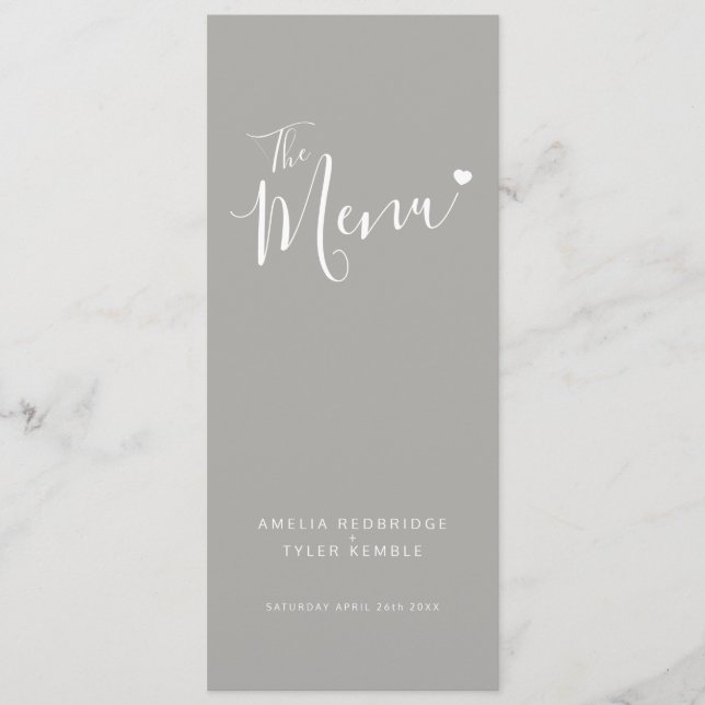 Modern grey text white heart simple wedding menu (Devant)