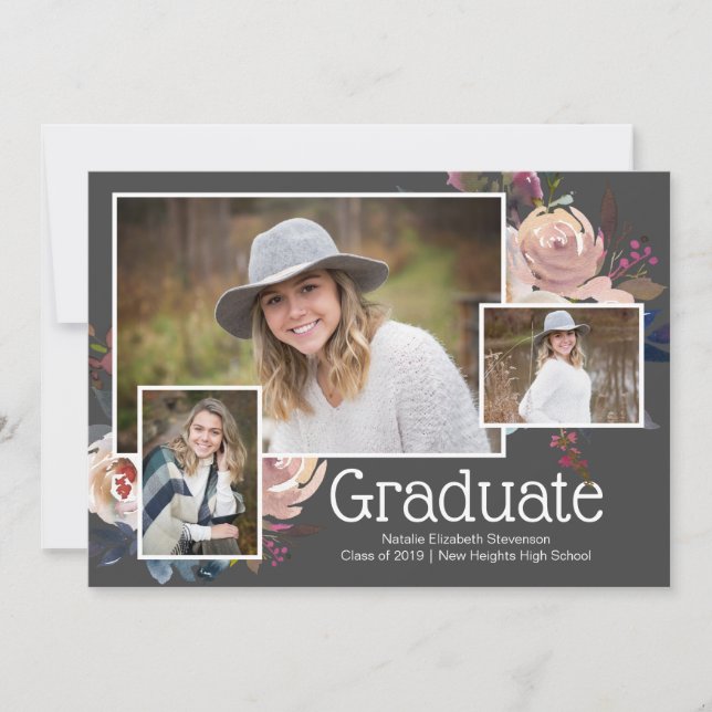 Modern Grey Three Photo Floral Graduation Party Invitation (Front)