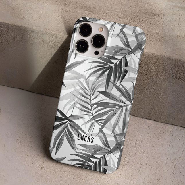 Modern Grey Tropical Leaves Pattern Custom Name Case-Mate iPhone Case (Creator Uploaded)