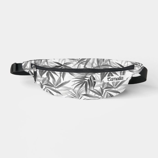Modern Grey Tropical Pattern Name Custom Travel Fanny Pack (Front)