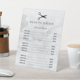 Modern grey watercolor washed salon service menu pedestal sign
