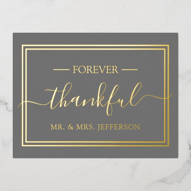 Modern Grey Wedding Mr. & Mrs. Thank You Foil Invitation Postcard (Front)