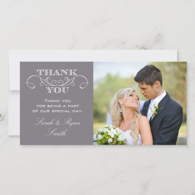 Modern Grey Wedding Photo Thank You Cards (Front)