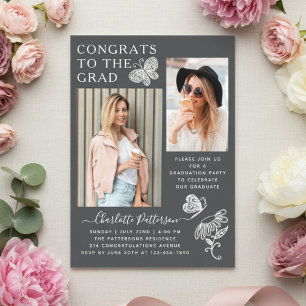Modern Grey White Butterfly Photo Graduation Party Acrylic Invitations