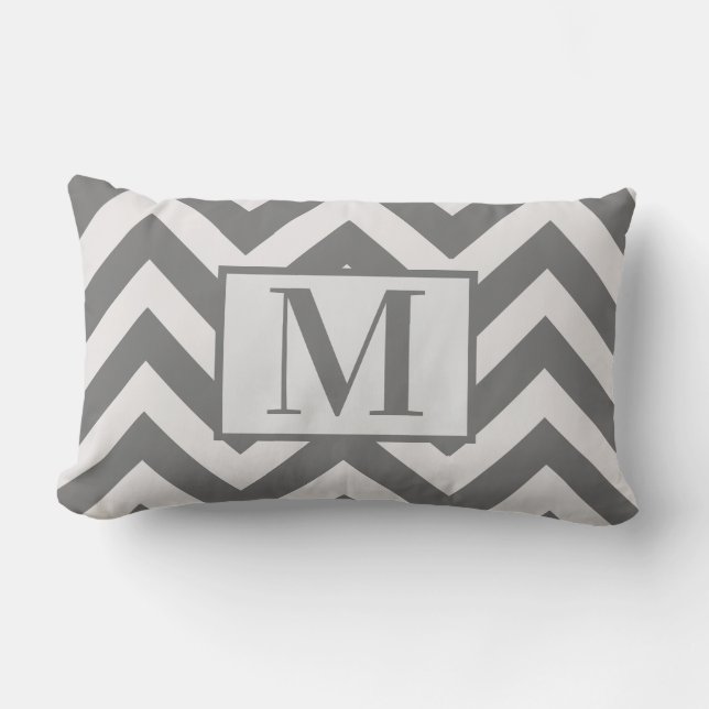 Modern Grey White Chevron Design Monogram Lumbar Pillow (Front)