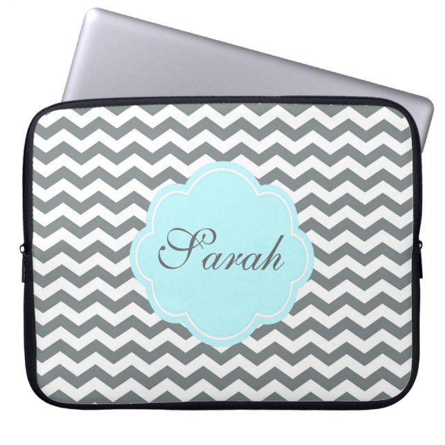 modern  grey, white chevron monogram laptop sleeve (Front)