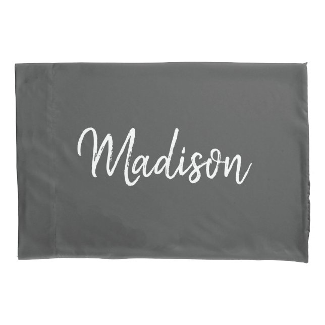 Modern Grey White Chic Script Personalized Pillowcase (Front)