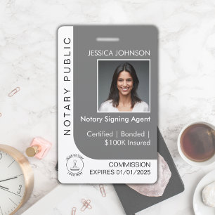 Modern Grey & White Custom Notary Photo ID   Badge