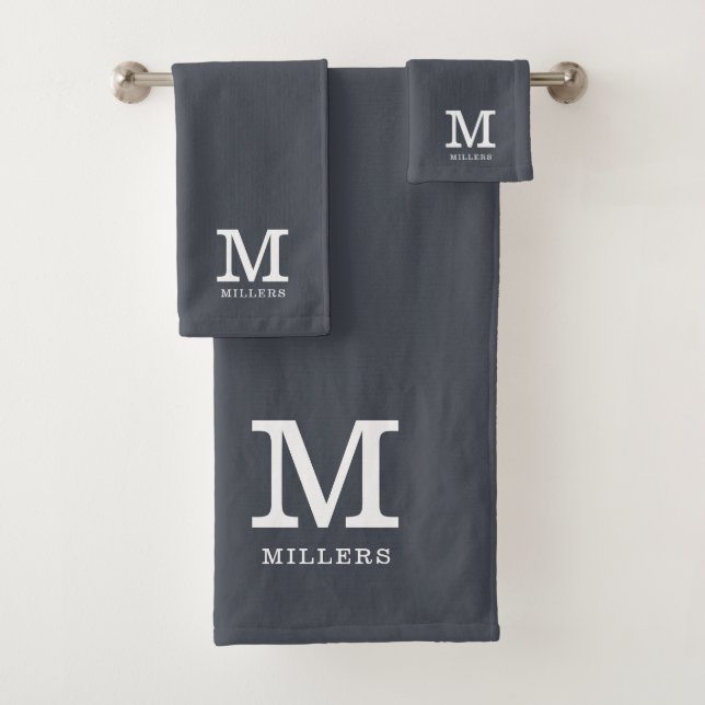 Modern Grey White Family Name Monogrammed Bath Towel Set (Insitu)