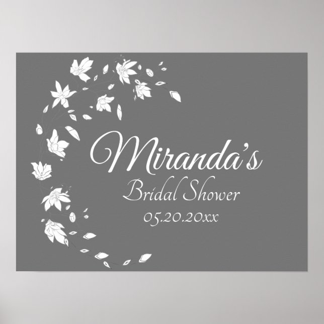 Modern Grey & White Floral Bridal Shower Poster (Front)