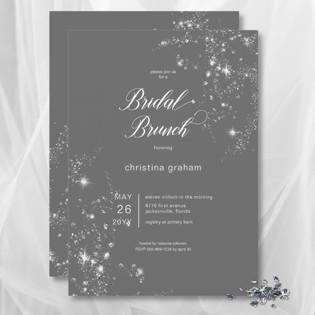 Modern Grey & White Glam Diamonds Bridal Brunch Invitation (Modern Gray & White Glam Diamonds Bridal Brunch Invitation)