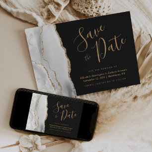 Modern Grey White Gold Agate Dark Save the Date Invitation