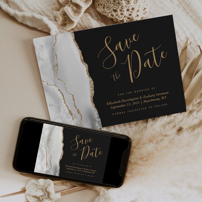 Modern Grey White Gold Agate Dark Save the Date Invitation (Creator Uploaded)