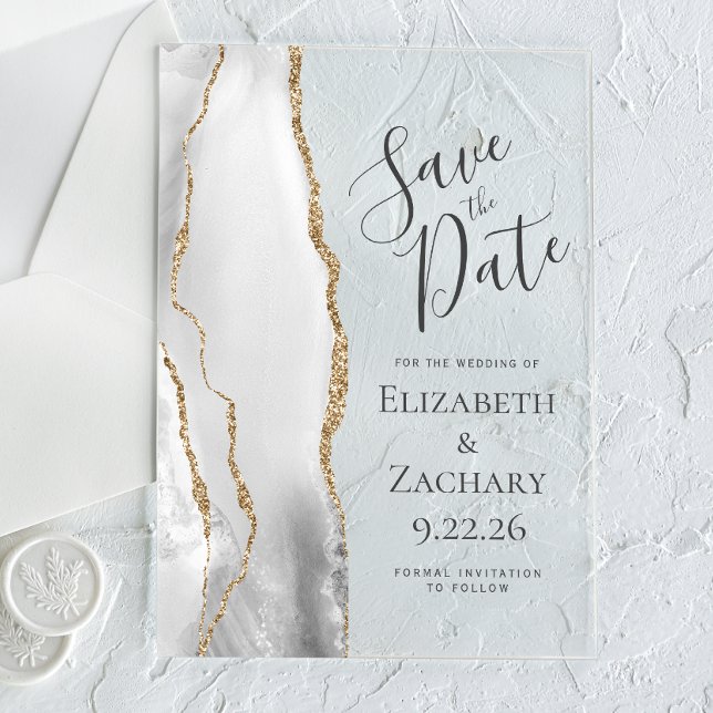 Modern Grey White Gold Agate Wedding Save the Date Acrylic Invitations (Creator Uploaded)