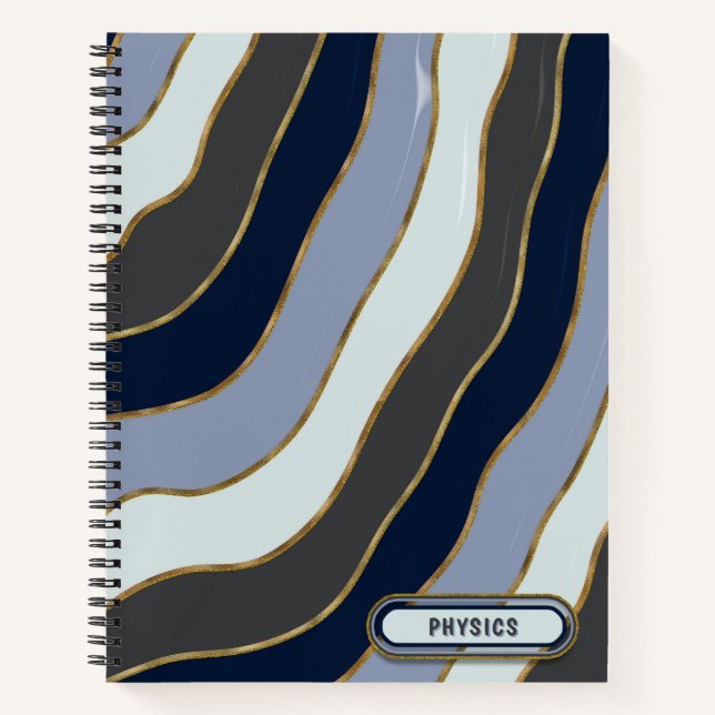 Modern Grey White Gold Tones Wavy Stripes Subject Notebook (Front)