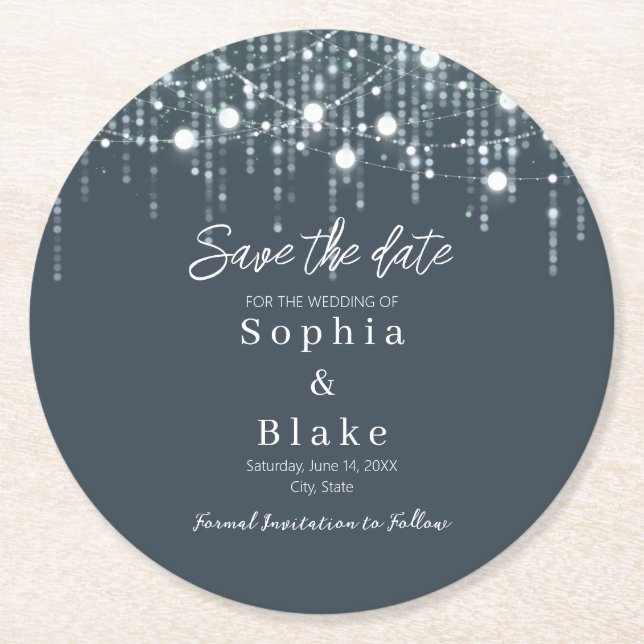 Modern Grey & White Hanging Lights Save the Date Round Paper Coaster (Front)
