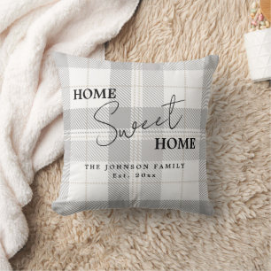 Modern Grey White Home Sweet Home Family Name Throw Pillow