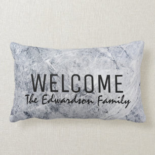 Modern grey white marble Welcome monogram name Lumbar Pillow