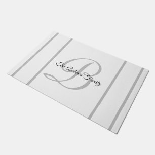 Modern Grey White Monogram Stripes Family Name Doormat