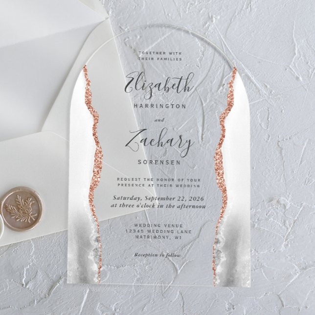 Modern Grey White Rose Gold Agate Arch Wedding Acrylic Invitations (Creator Uploaded)