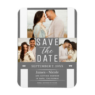 Modern Grey White Save the Date 3 Photo Wedding Magnet