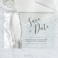 Modern Grey White Silver Agate Save the Date Card