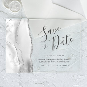 Modern Grey White Silver Agate Save the Date Card Acrylic Invitations