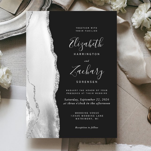 Modern Grey White Silver Agate Slate Wedding Invitation (Creator Uploaded)