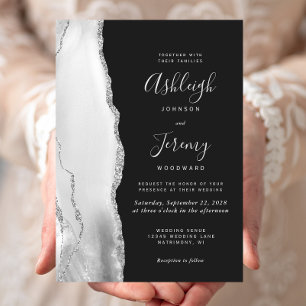 Modern Grey White Silver Agate Slate Wedding Invitation