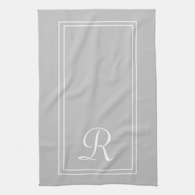 Modern Grey White Striped Monogram Kitchen Towel (Vertical)